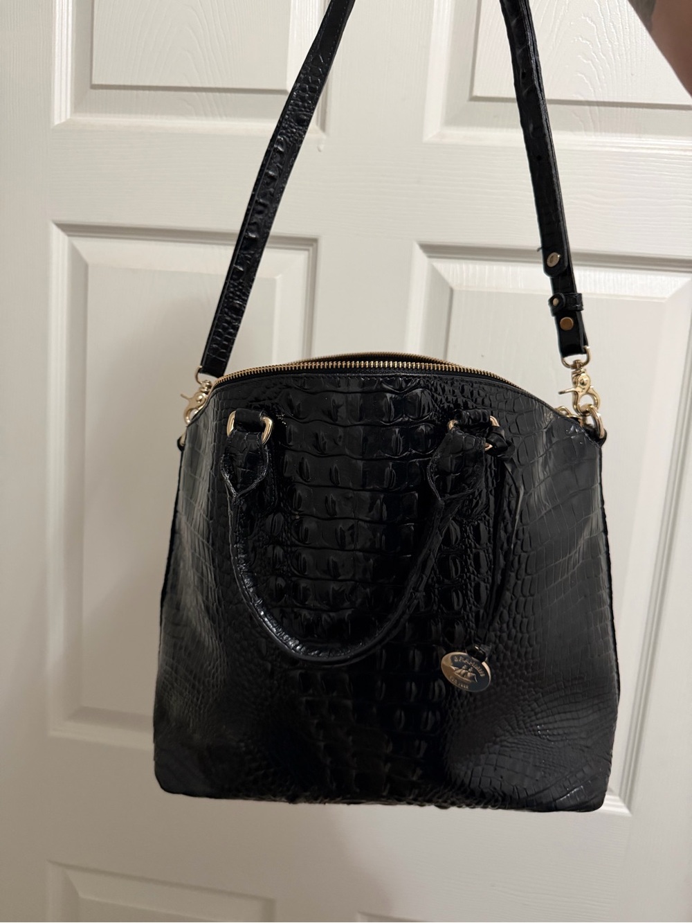 Brahmin Black Croc-Embossed Satchel with Gold Hardware